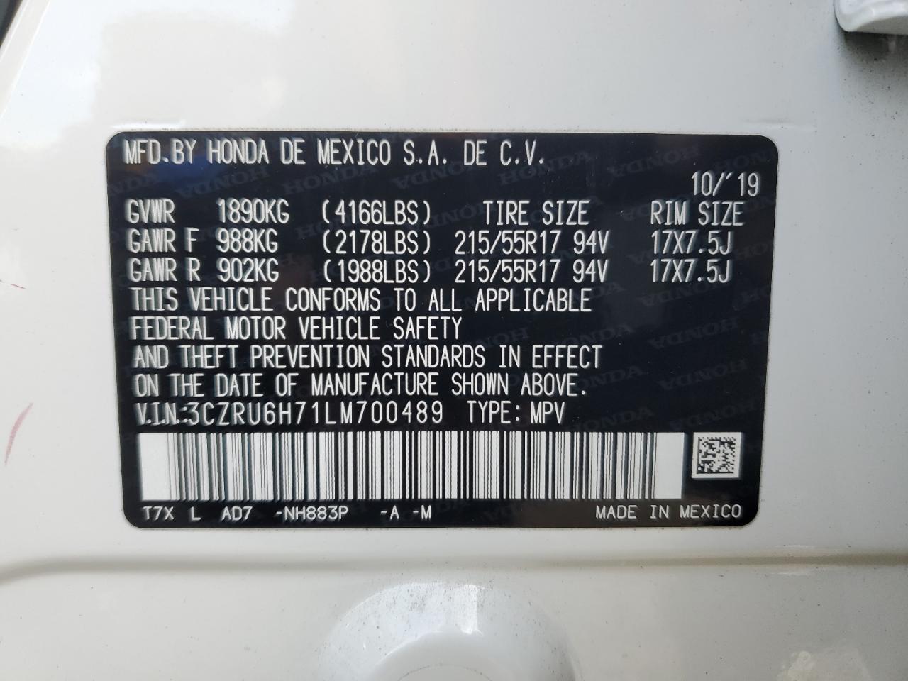 2020 Honda Hr-V Exl VIN: 3CZRU6H71LM700489 Lot: 80324554