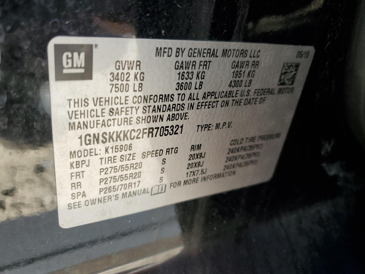 VIN 1GNSKKKC2FR705321 2015 CHEVROLET SUBURBAN no.13