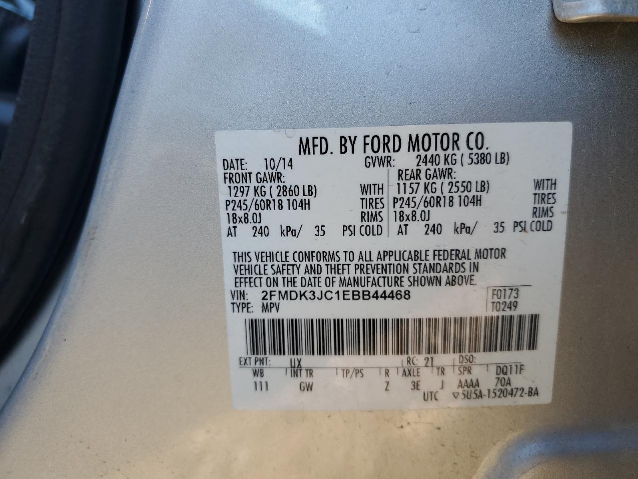 VIN 2FMDK3JC1EBB44468 2014 FORD EDGE no.13