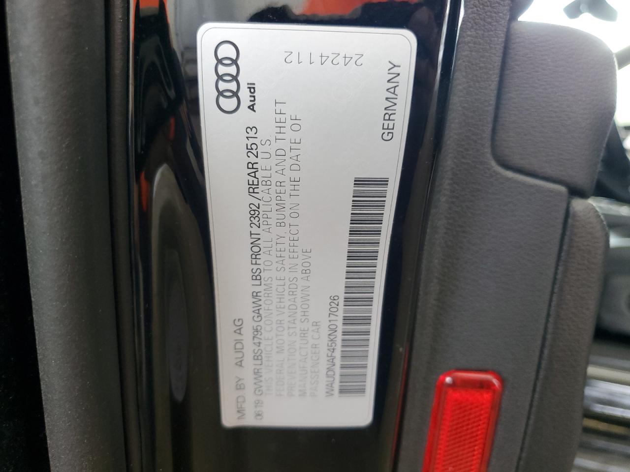 2019 Audi A4 Premium VIN: WAUDNAF45KN017026 Lot: 79873384