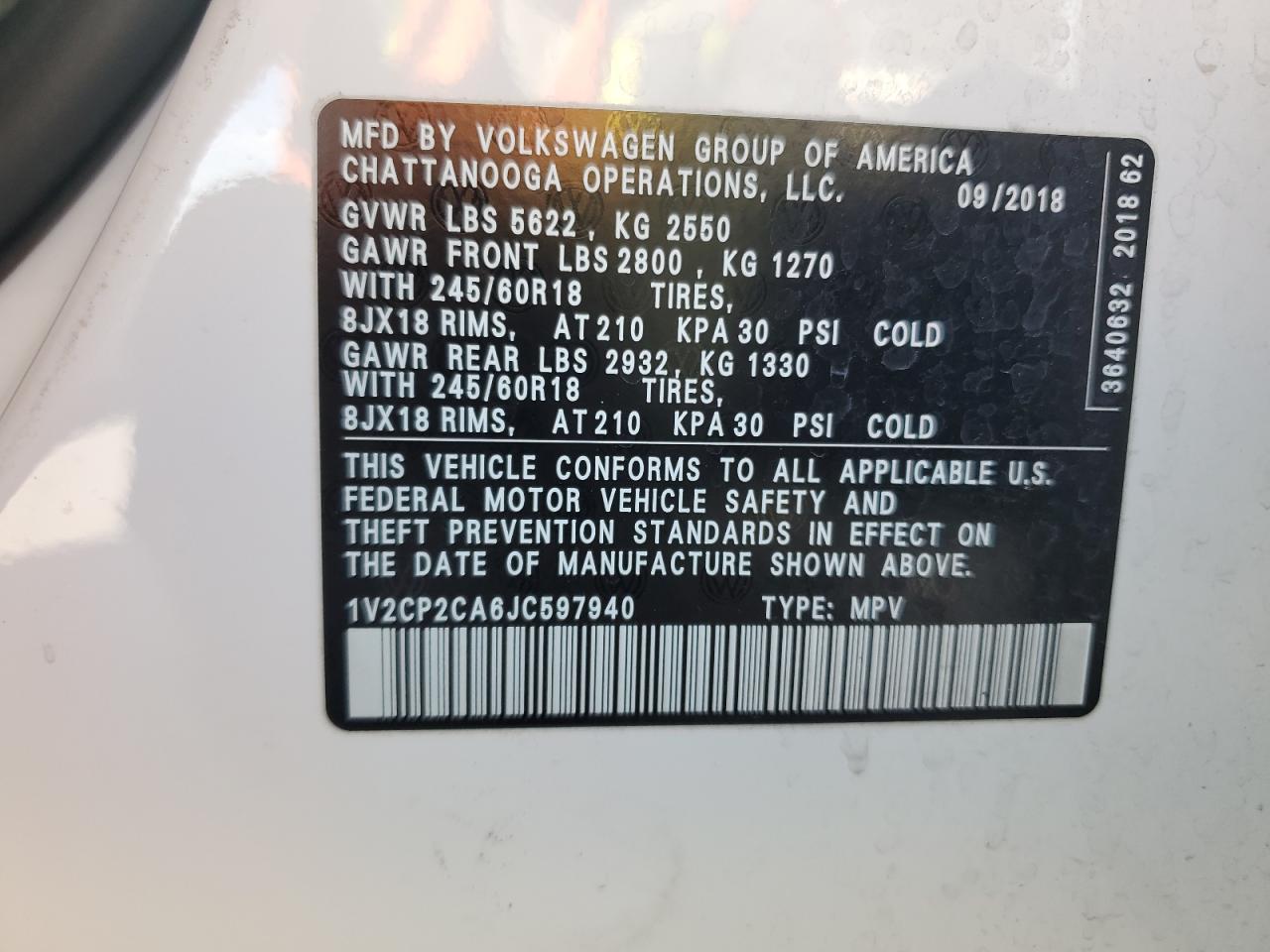 2018 Volkswagen Atlas Se VIN: 1V2CP2CA6JC597940 Lot: 82043384