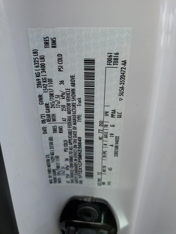 2021 Ford F150 Super Cab VIN: 1FTEX1CP5MKE56649 Lot: 80731844