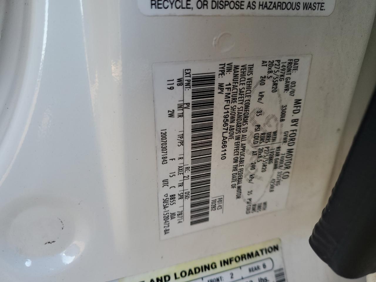 2007 Ford Expedition Limited VIN: 1FMFU19567LA66110 Lot: 80780234