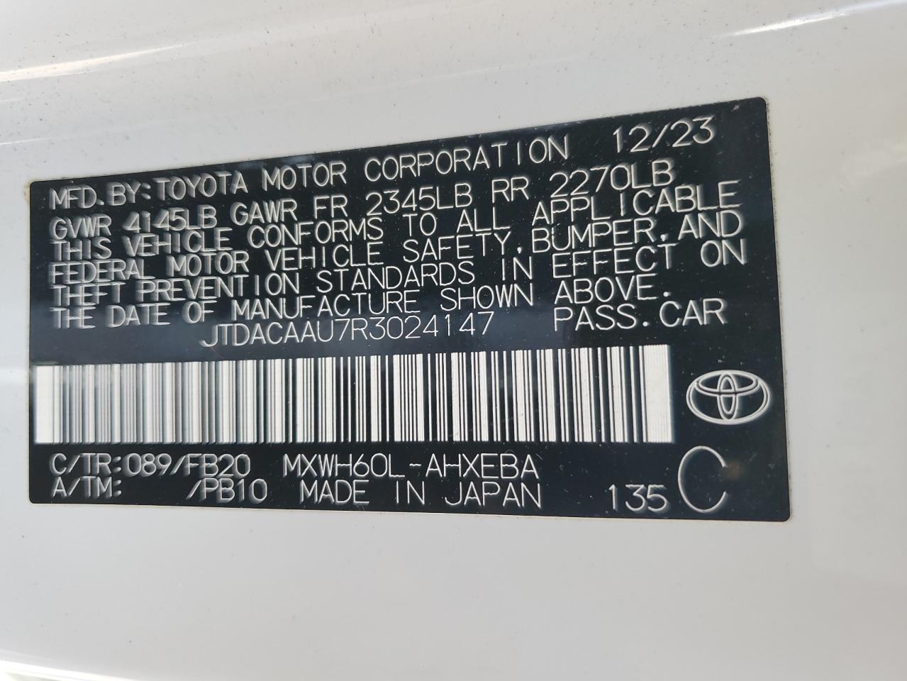 2024 Toyota Prius Le VIN: JTDACAAU7R3024147 Lot: 80483474