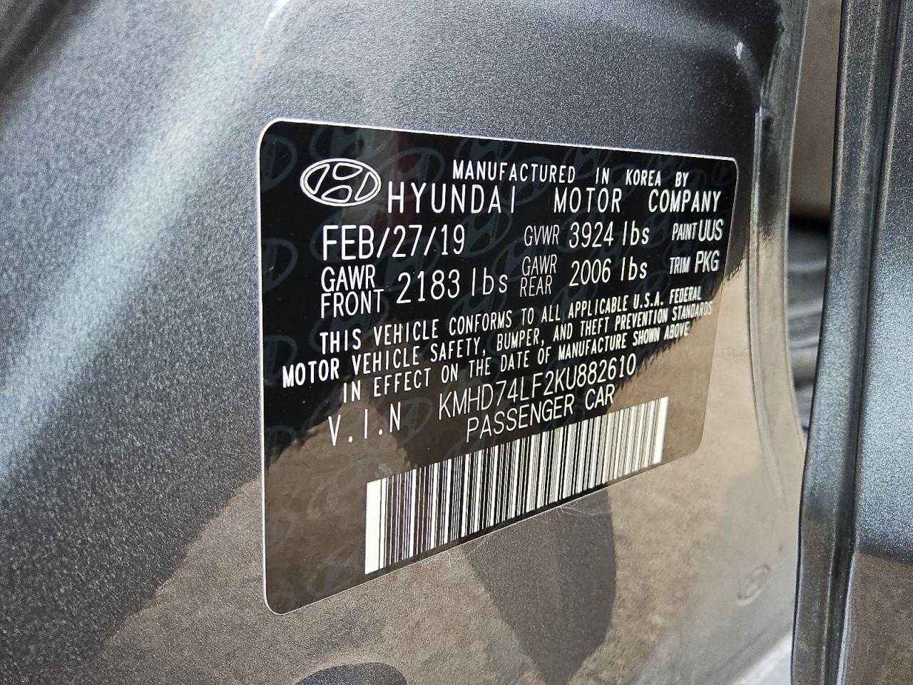 VIN KMHD74LF2KU882610 2019 HYUNDAI ELANTRA no.12