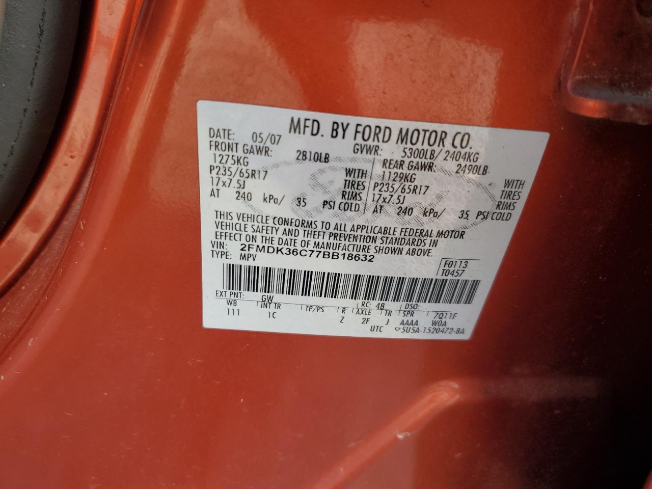 2007 Ford Edge Se VIN: 2FMDK36C77BB18632 Lot: 80141764