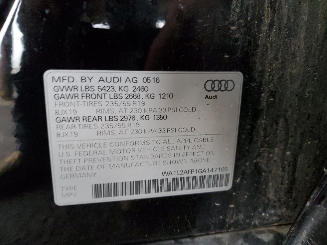 2016 Audi Q5 Premium Plus VIN: WA1L2AFP1GA147105 Lot: 81402414