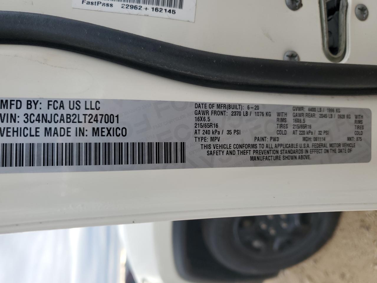 2020 Jeep Compass Sport VIN: 3C4NJCAB2LT247001 Lot: 78917804