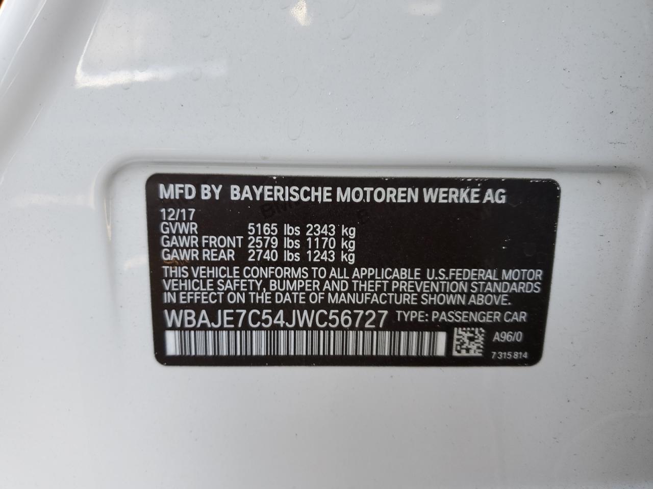 VIN WBAJE7C54JWC56727 2018 BMW 5 SERIES no.12