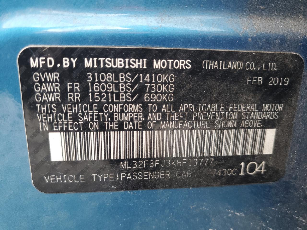 VIN ML32F3FJ3KHF13777 2019 MITSUBISHI MIRAGE no.12