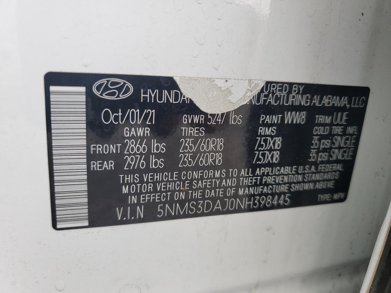 VIN 5NMS3DAJ0NH398445 2022 HYUNDAI SANTA FE no.13