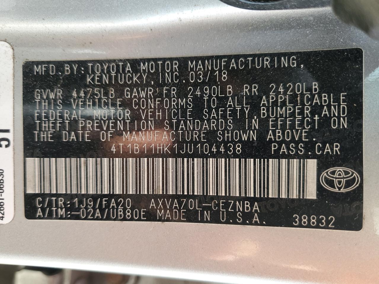 VIN 4T1B11HK1JU104438 2018 TOYOTA CAMRY no.12