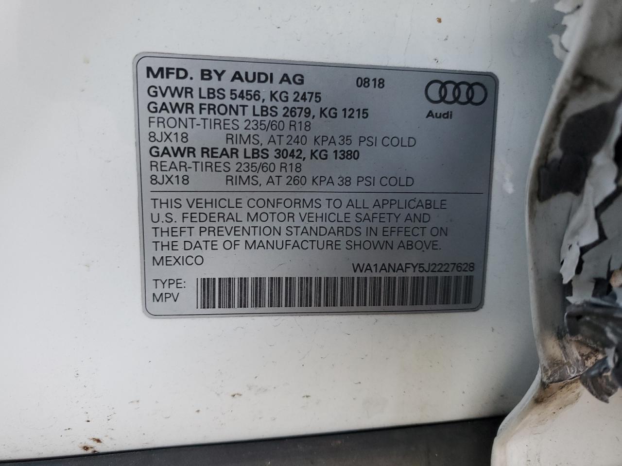 2018 Audi Q5 Premium VIN: WA1ANAFY5J2227628 Lot: 82131674