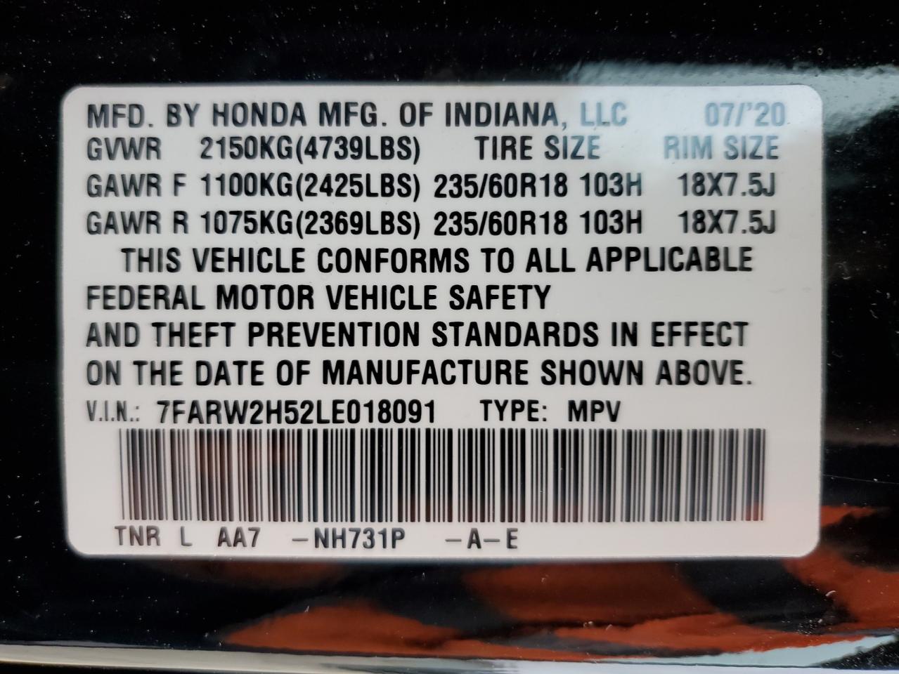 2020 Honda Cr-V Ex VIN: 7FARW2H52LE018091 Lot: 78792224