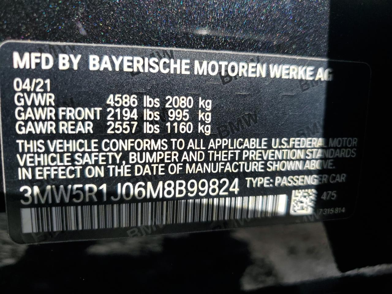 2021 BMW 330I VIN: 3MW5R1J06M8B99824 Lot: 80054574