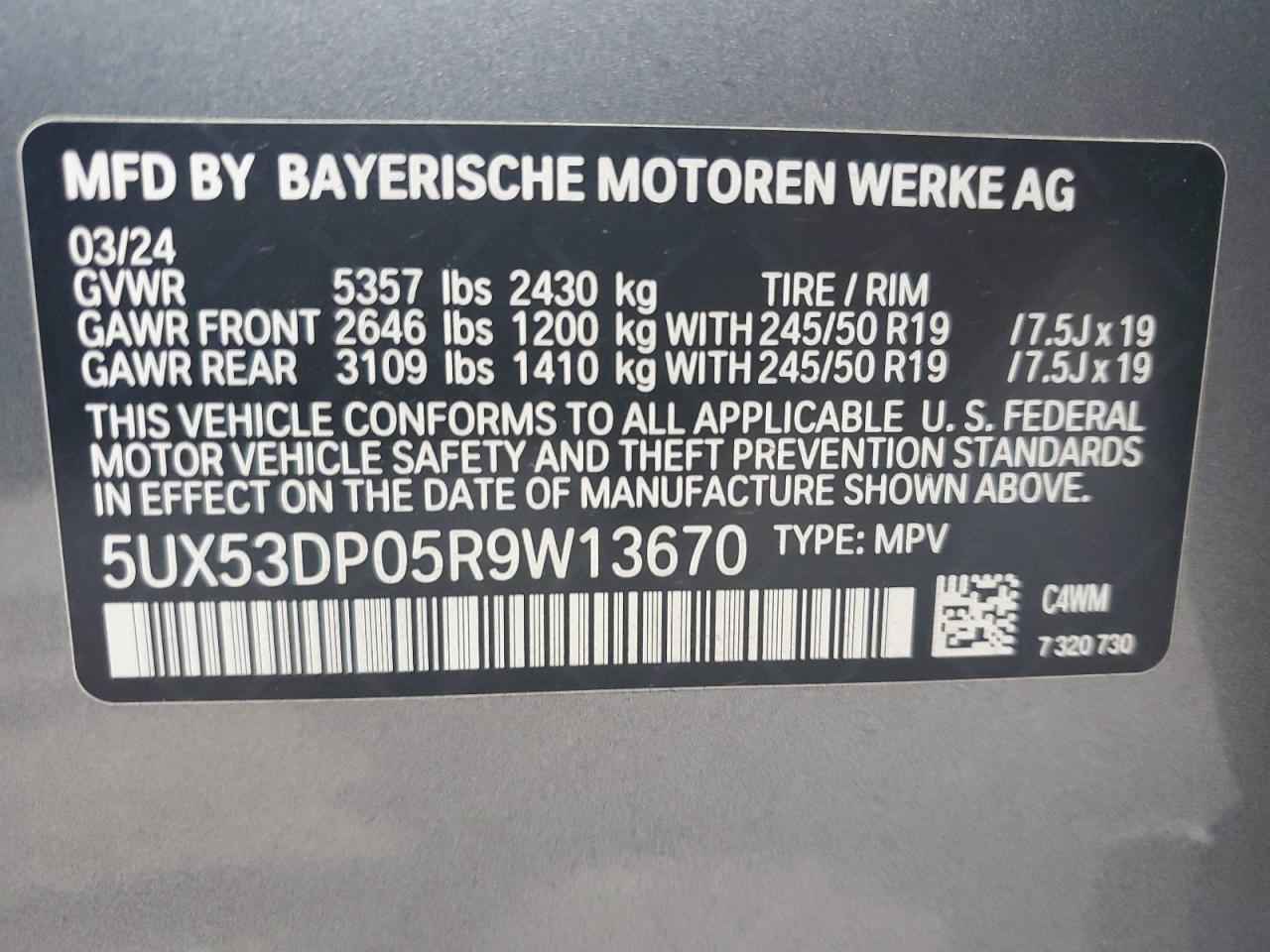 VIN 5UX53DP05R9W13670 2024 BMW X3 no.13