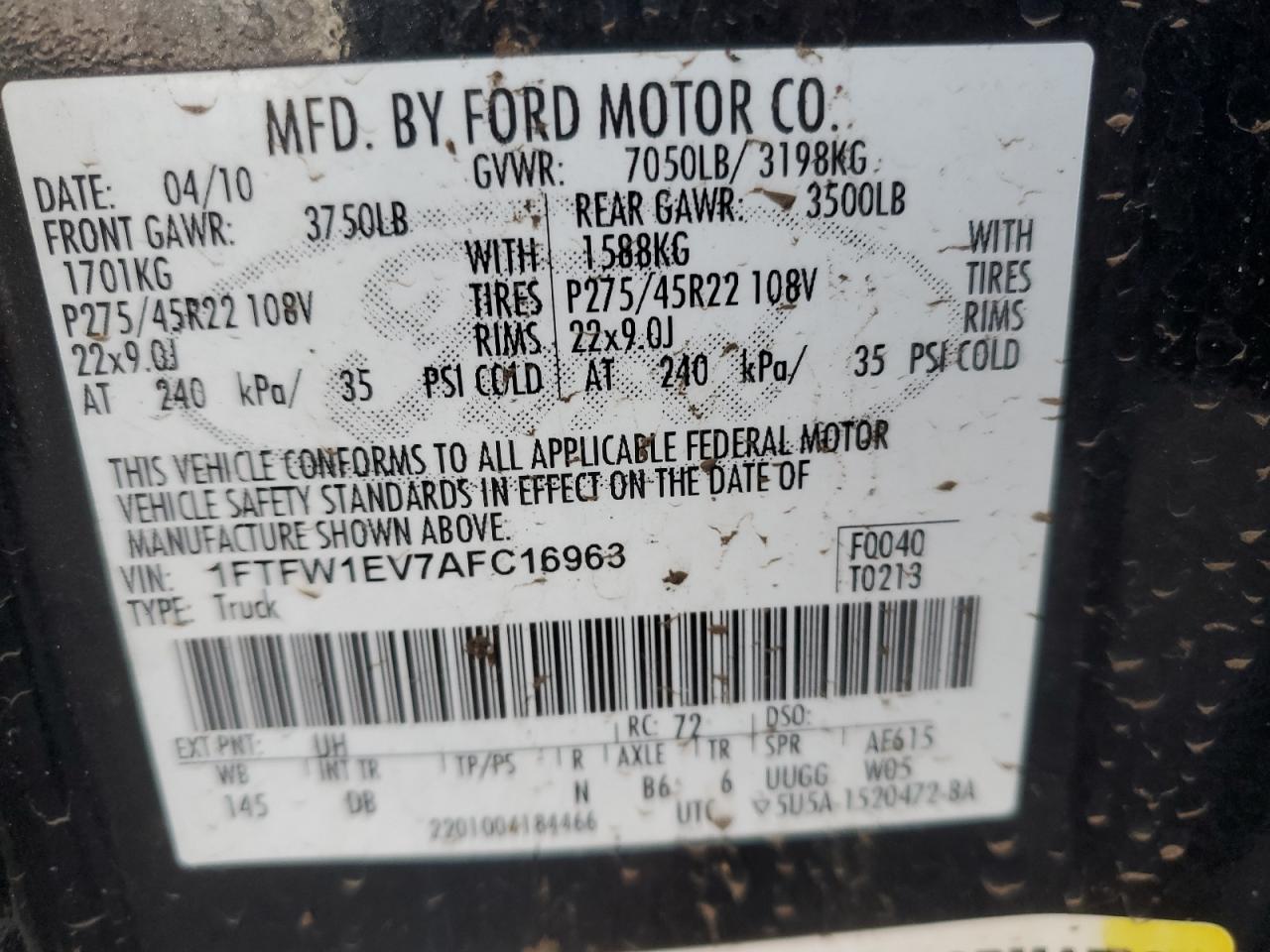 2010 Ford F150 Supercrew VIN: 1FTFW1EV7AFC16963 Lot: 80797494