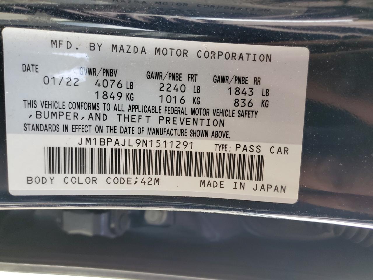 2022 Mazda 3 VIN: JM1BPAJL9N1511291 Lot: 79245224