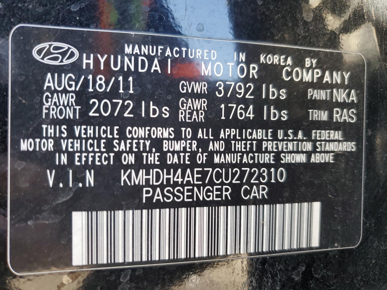 2012 Hyundai Elantra Gls VIN: KMHDH4AE7CU272310 Lot: 81356204