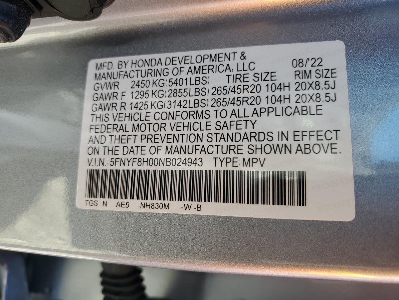 VIN 5FNYF8H00NB024943 2022 HONDA PASSPORT no.14