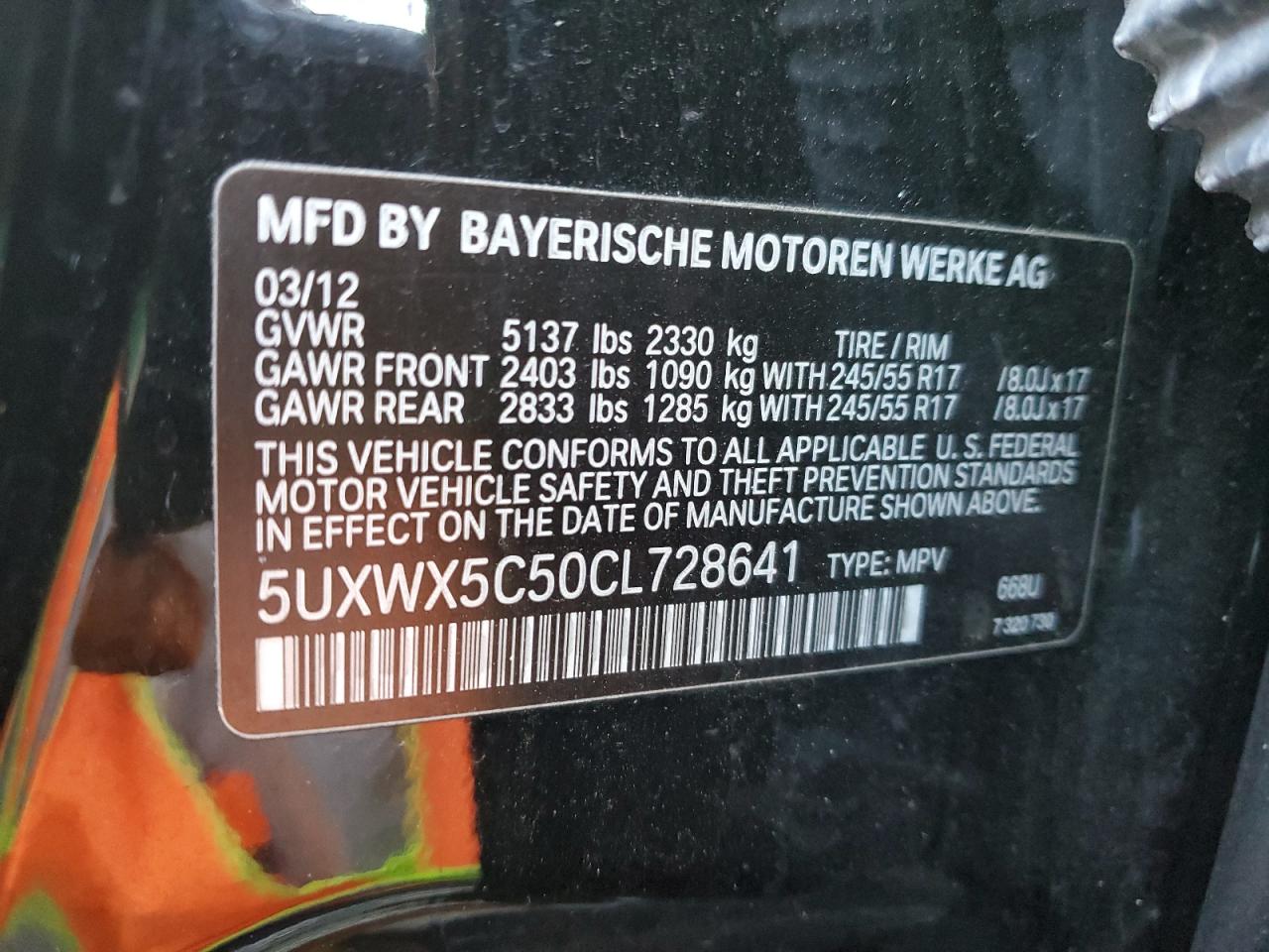 2012 BMW X3 xDrive28I VIN: 5UXWX5C50CL728641 Lot: 80131974