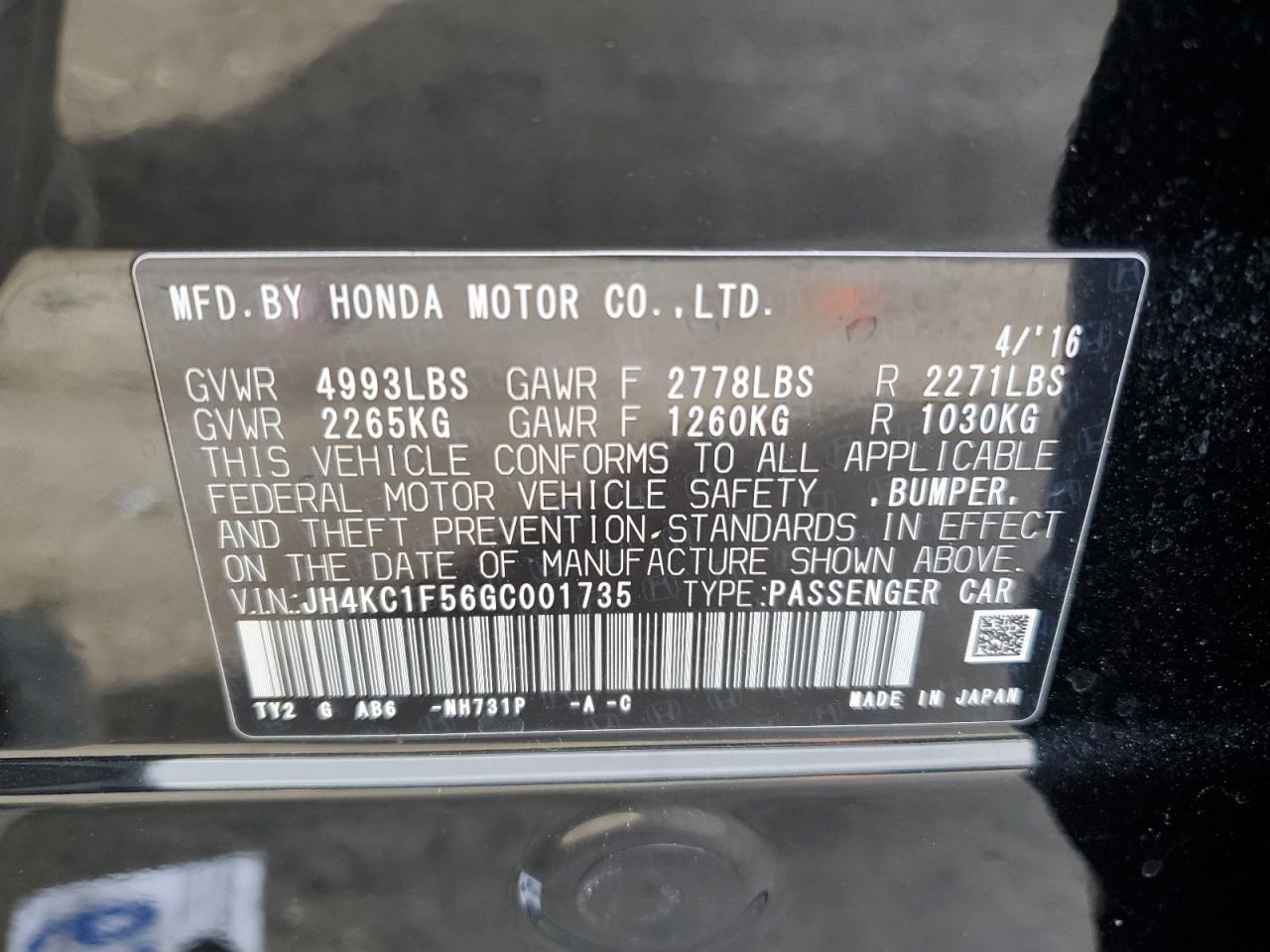 VIN JH4KC1F56GC001735 2016 ACURA RLX no.12