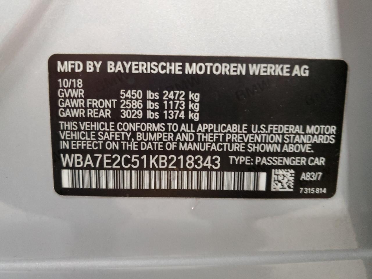 2019 BMW 740 I VIN: WBA7E2C51KB218343 Lot: 80353204