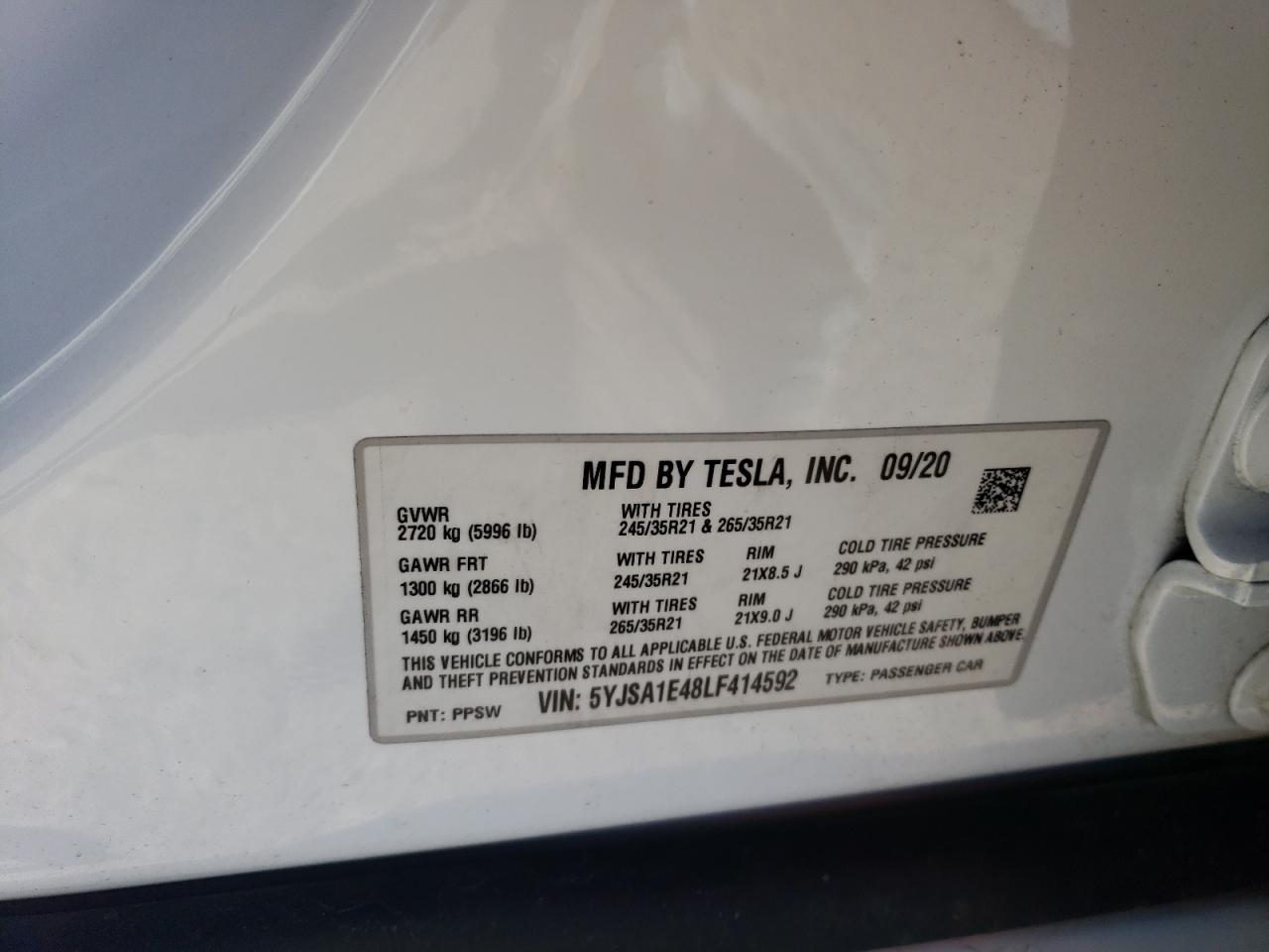 2020 Tesla Model S VIN: 5YJSA1E48LF414592 Lot: 80143234