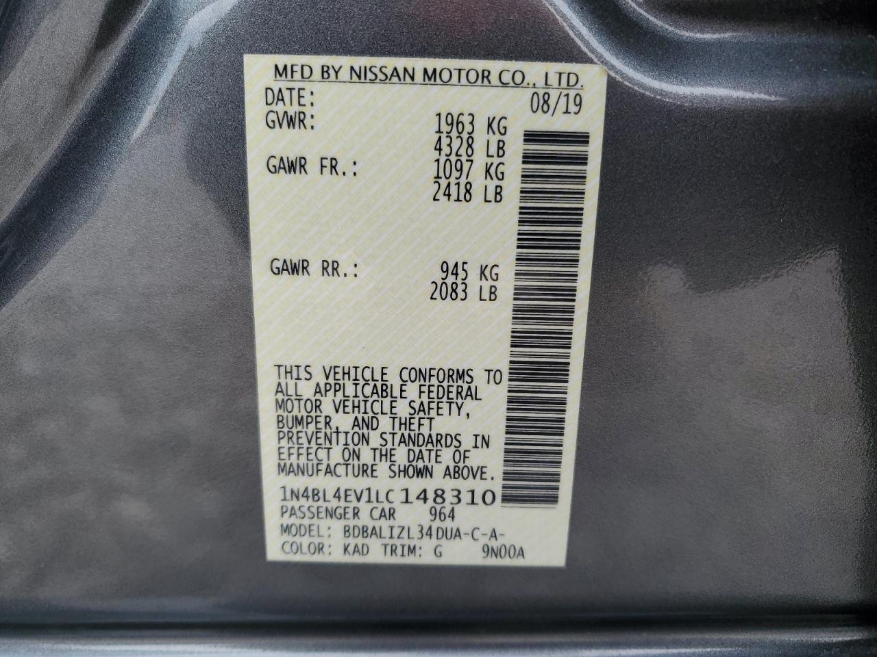 VIN 1N4BL4EV1LC148310 2020 NISSAN ALTIMA no.12