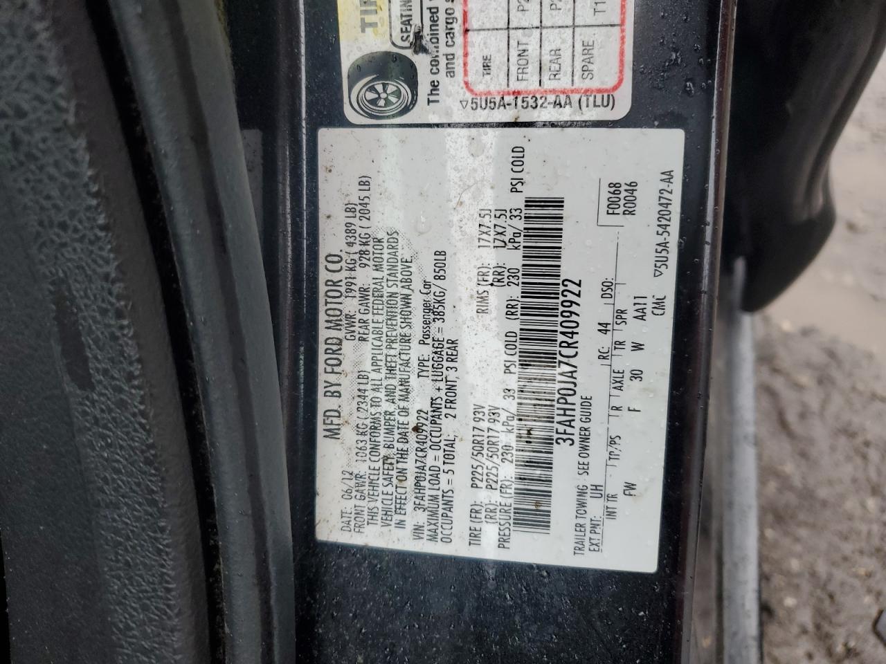 2012 Ford Fusion Sel VIN: 3FAHP0JA7CR409922 Lot: 81740004