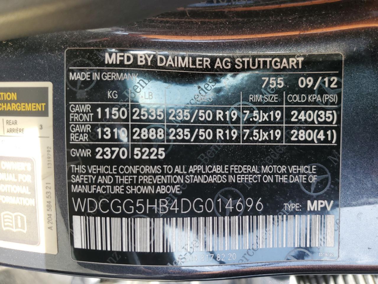 2013 Mercedes-Benz Glk 350 VIN: WDCGG5HB4DG014696 Lot: 70334225