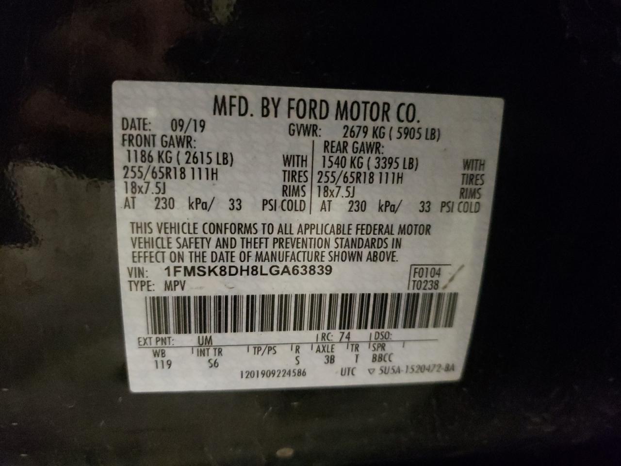 2020 Ford Explorer Xlt VIN: 1FMSK8DH8LGA63839 Lot: 80587224