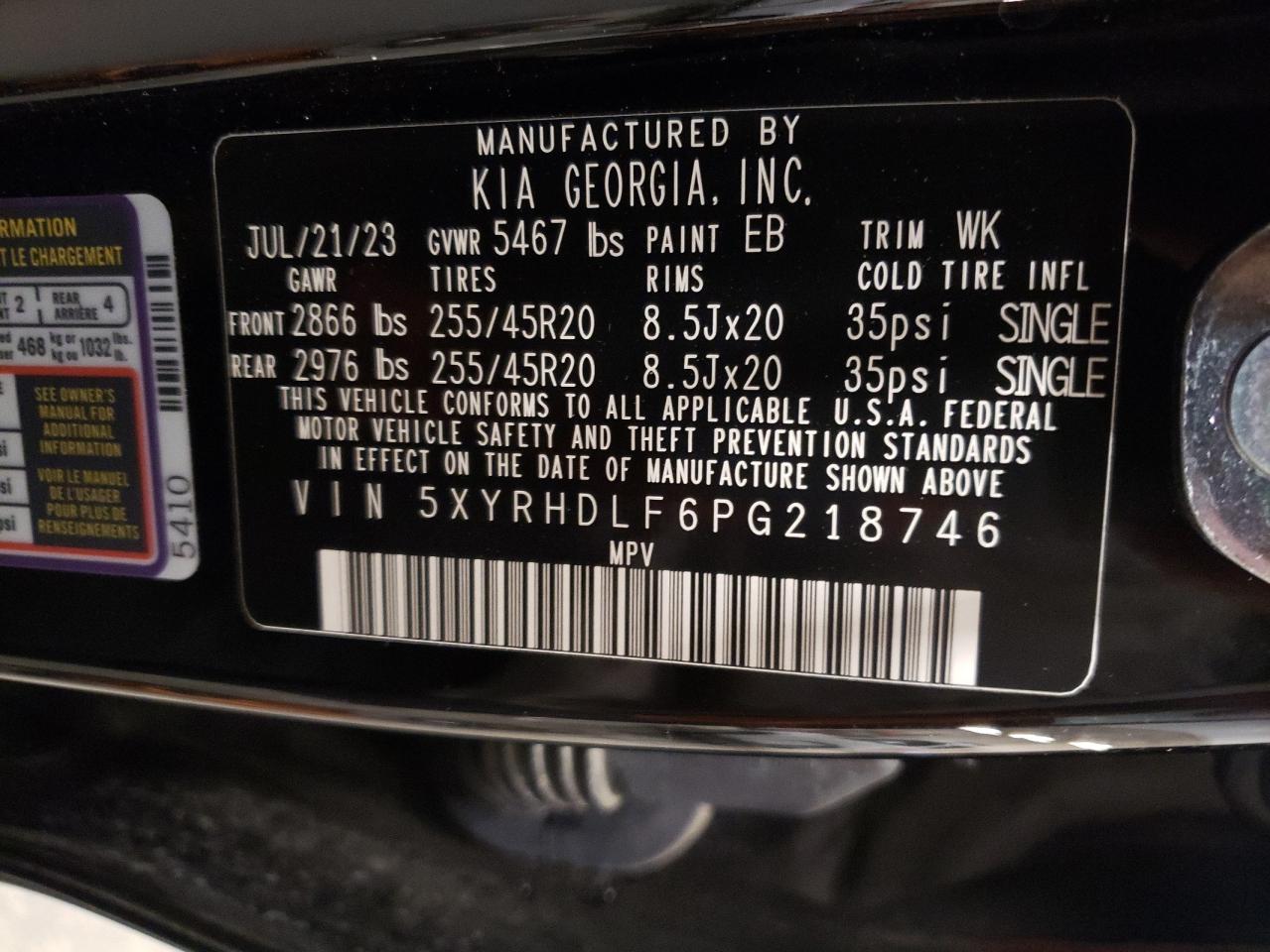 2023 Kia Sorento Ex VIN: 5XYRHDLF6PG218746 Lot: 80225154