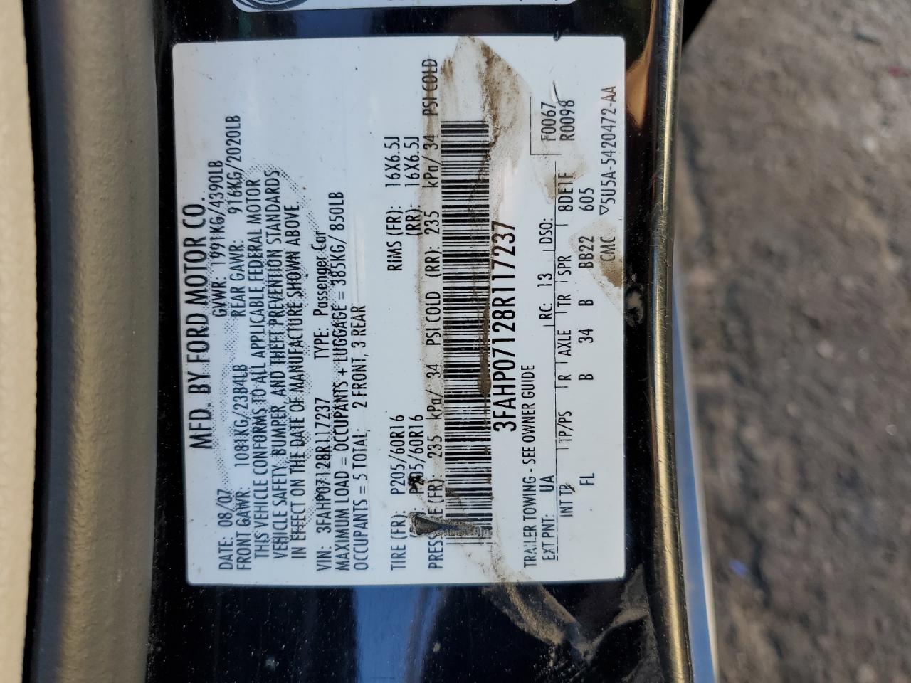 2008 Ford Fusion Se VIN: 3FAHP07128R117237 Lot: 80297244