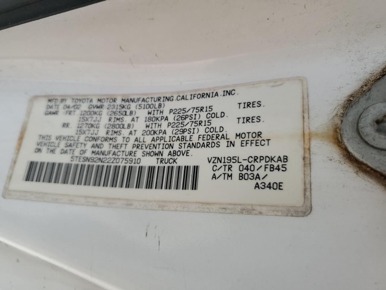 2002 Toyota Tacoma Xtracab Prerunner VIN: 5TESN92N22Z075910 Lot: 79110964