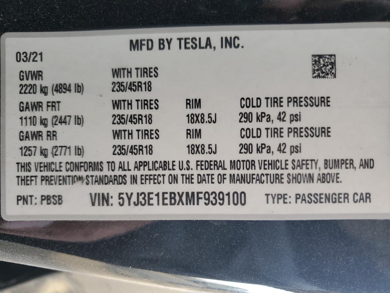 VIN 5YJ3E1EBXMF939100 2021 TESLA MODEL 3 no.13