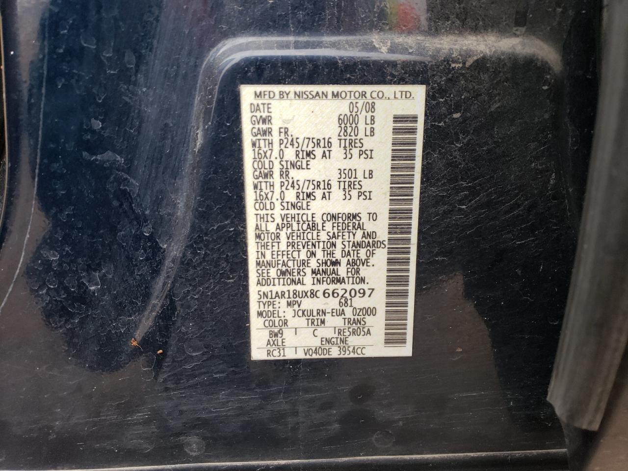 2008 Nissan Pathfinder S VIN: 5N1AR18UX8C662097 Lot: 82350994