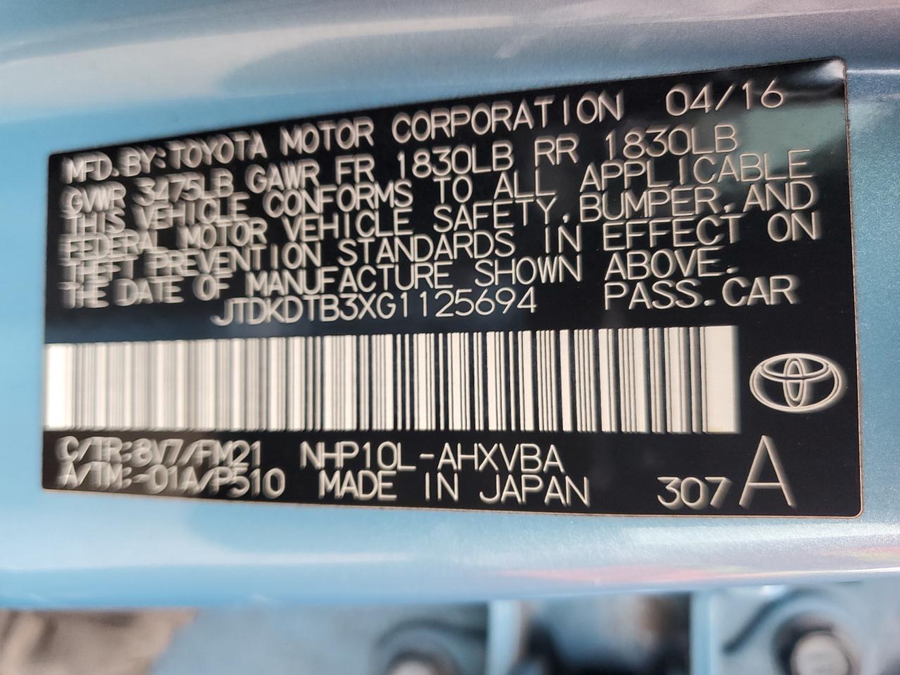 VIN JTDKDTB3XG1125694 2016 TOYOTA PRIUS no.13