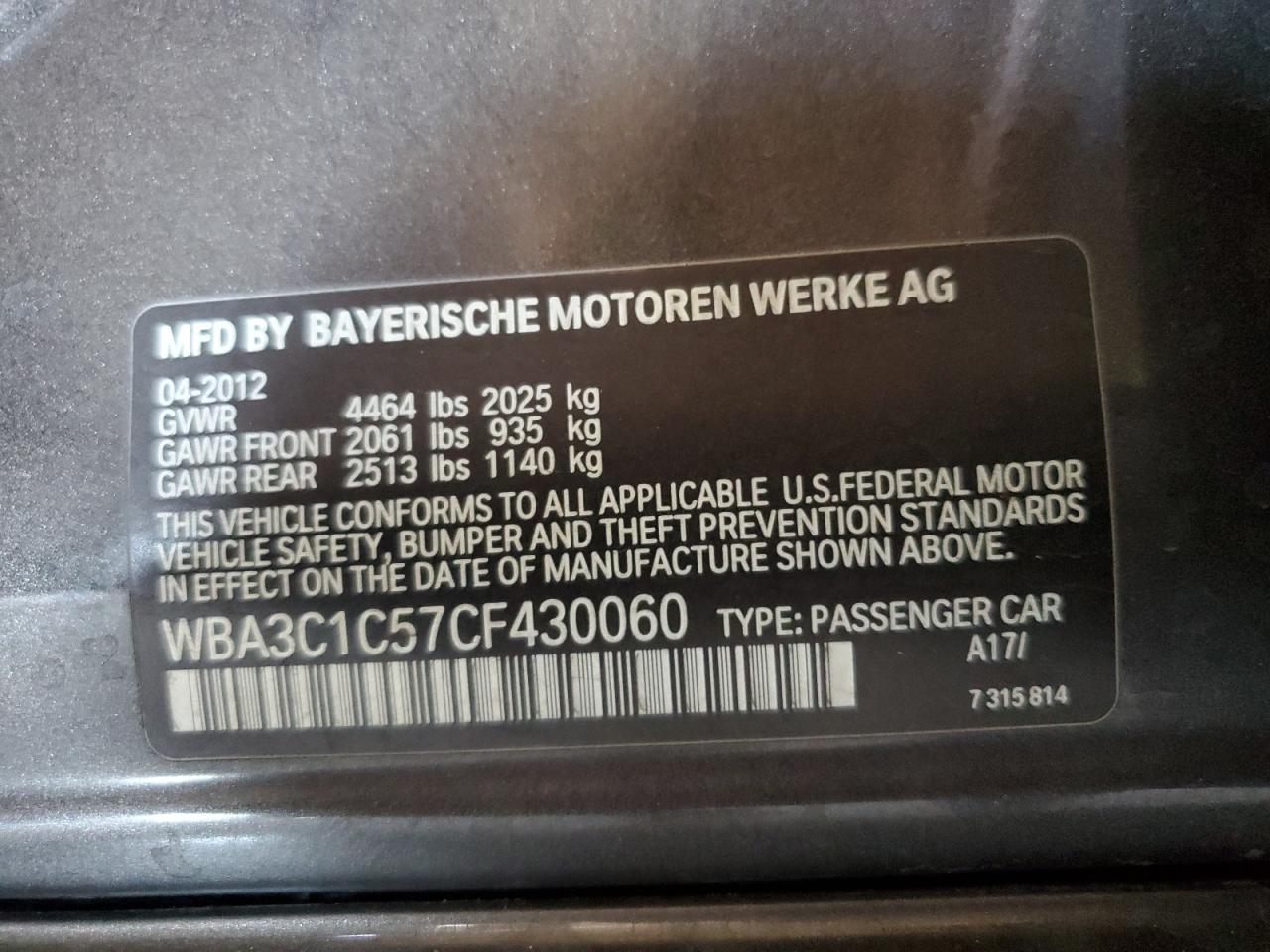 2012 BMW 328 I Sulev VIN: WBA3C1C57CF430060 Lot: 81970374