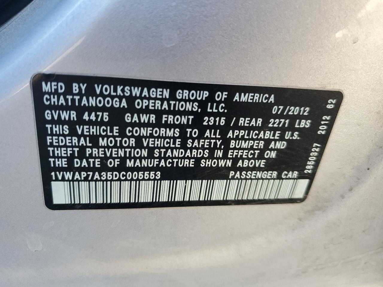 VIN 1VWAP7A35DC005553 2013 VOLKSWAGEN PASSAT no.12