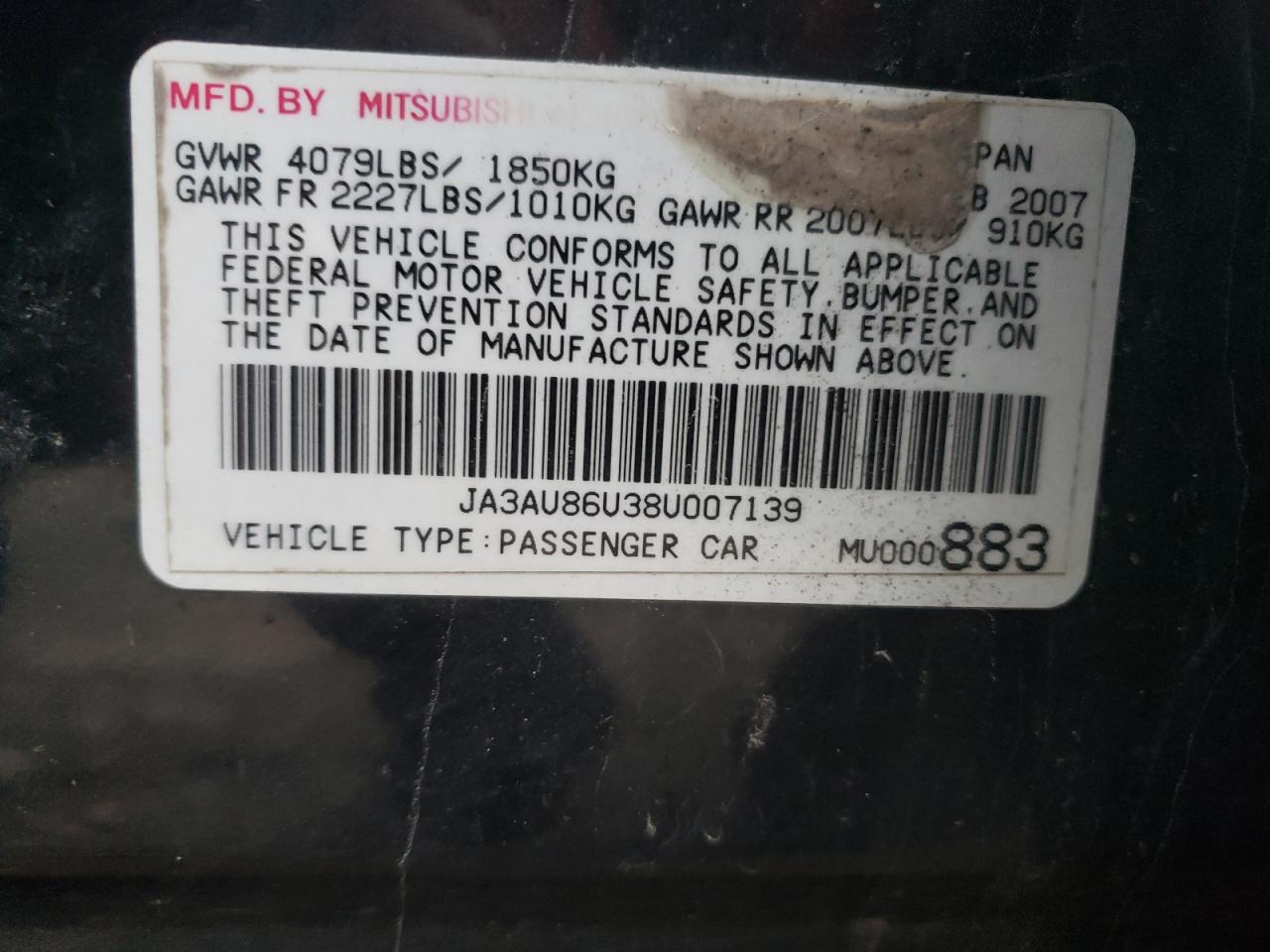 2008 Mitsubishi Lancer Gts VIN: JA3AU86U38U007139 Lot: 80790634