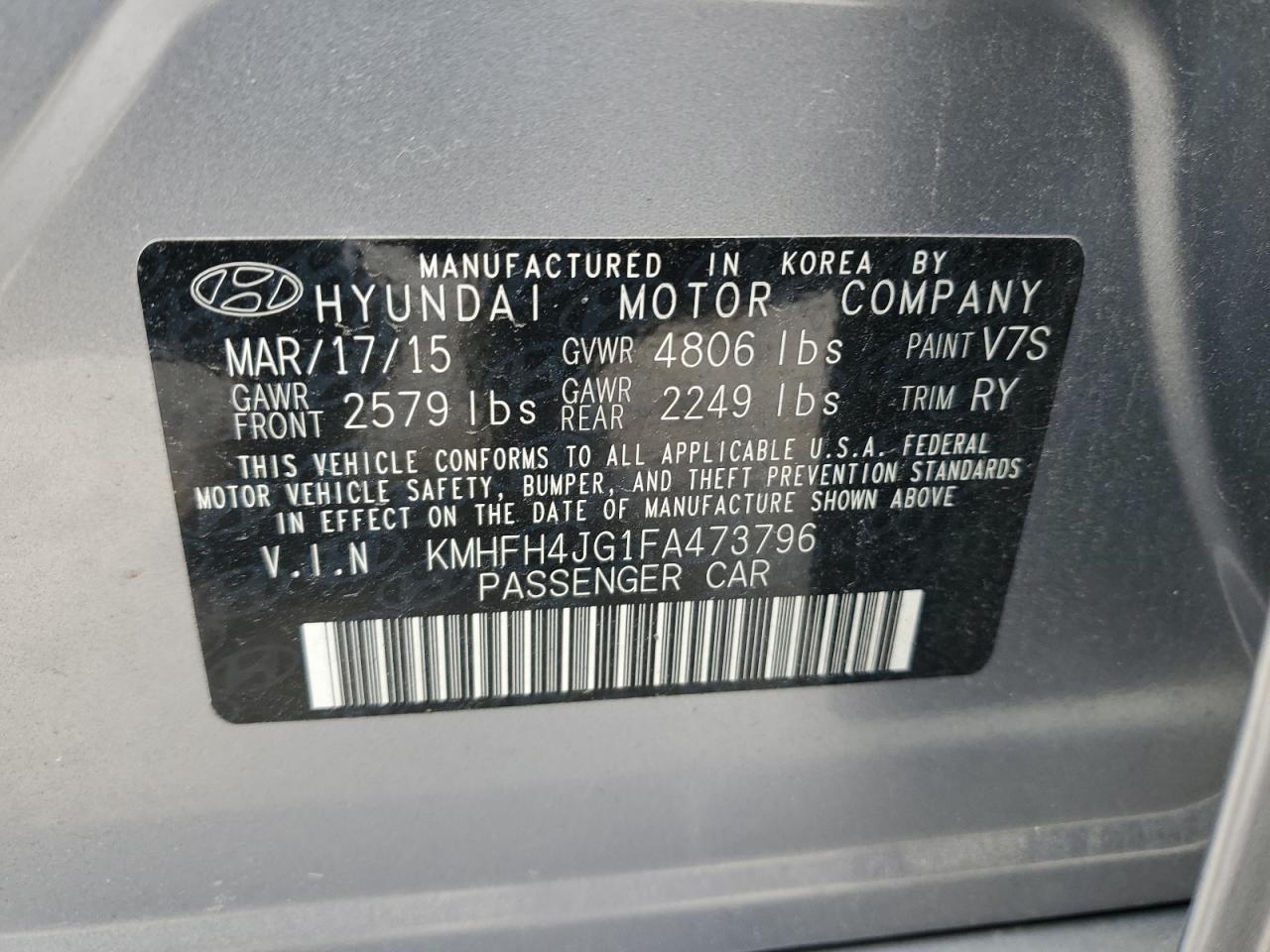 VIN KMHFH4JG1FA473796 2015 HYUNDAI AZERA no.12