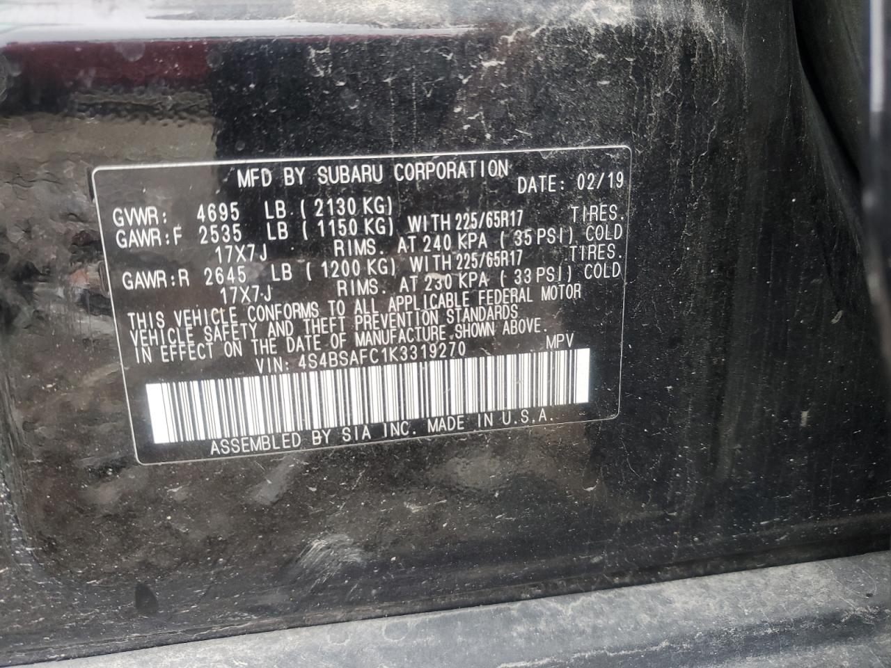 VIN 4S4BSAFC1K3319270 2019 SUBARU OUTBACK no.13