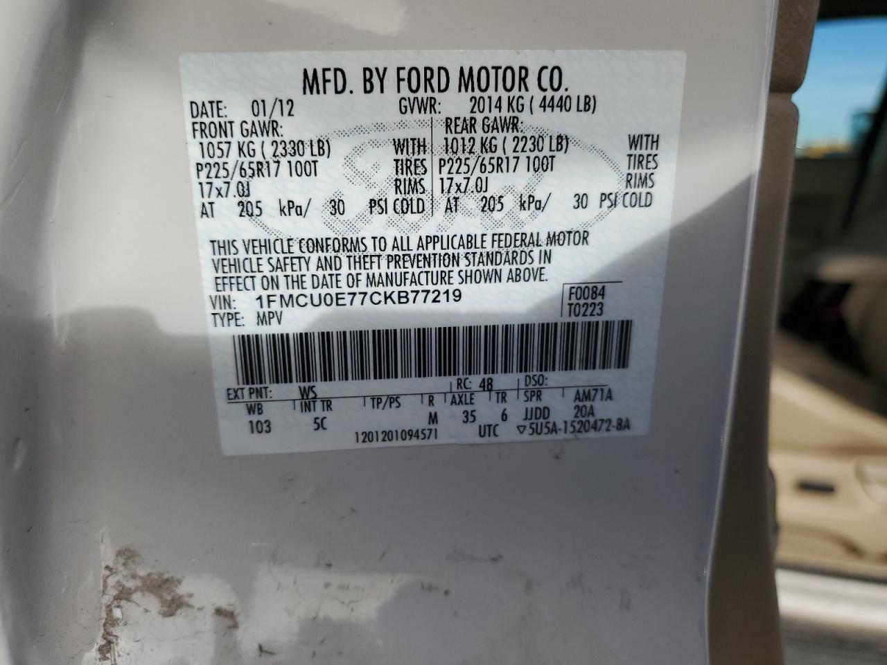 2012 Ford Escape Limited VIN: 1FMCU0E77CKB77219 Lot: 81370644