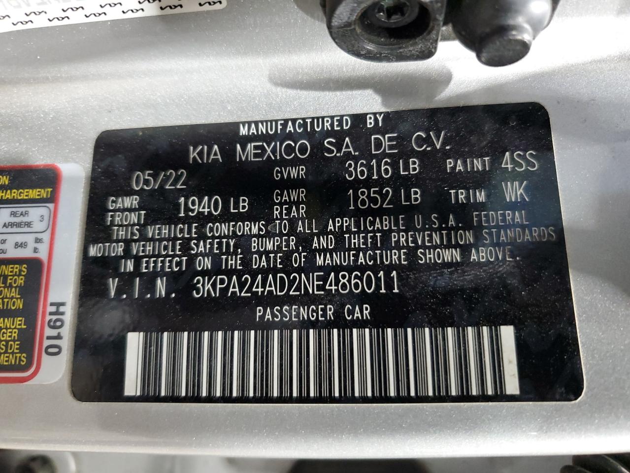 VIN 3KPA24AD2NE486011 2022 KIA RIO no.12