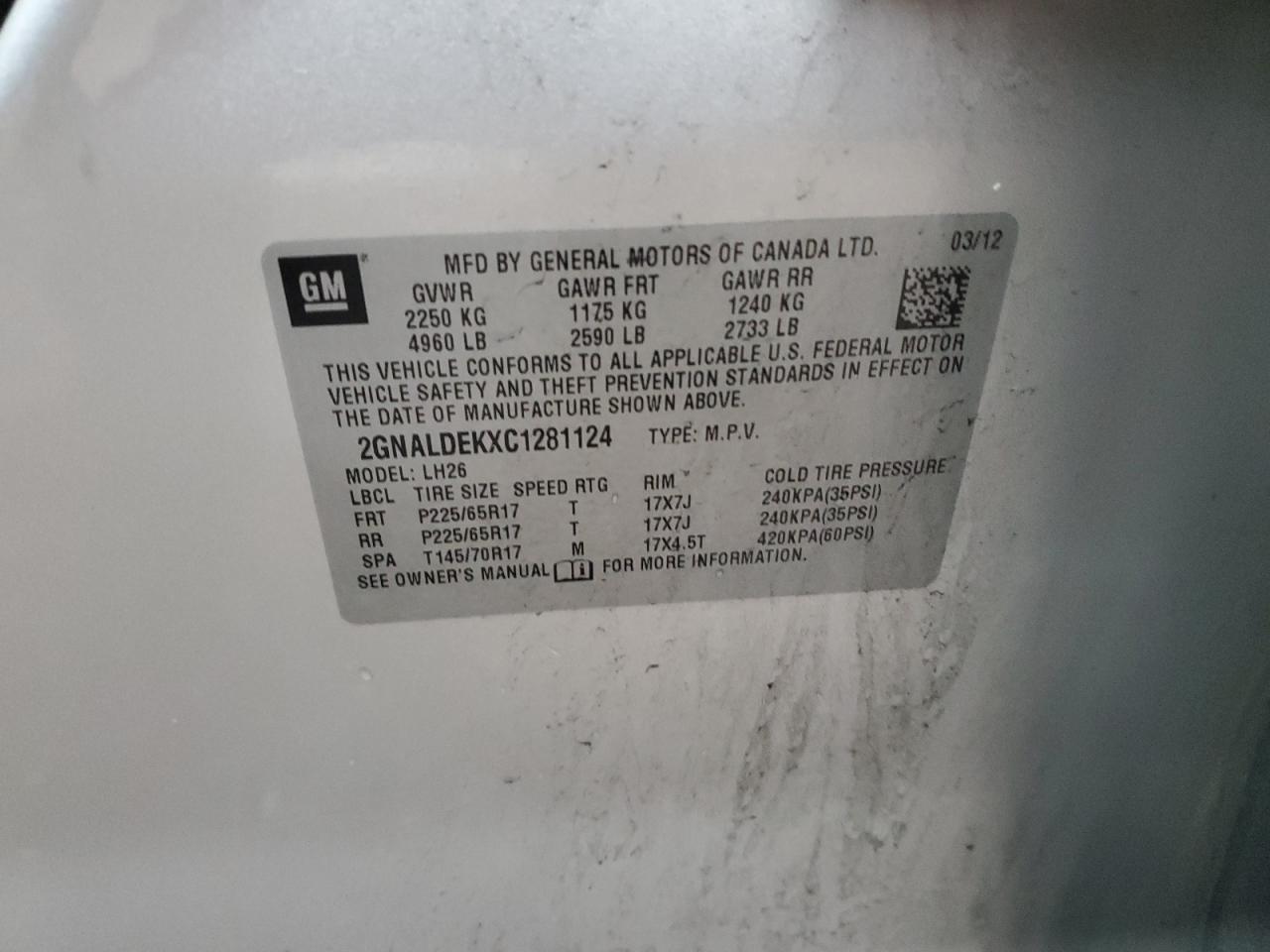 2012 Chevrolet Equinox Lt VIN: 2GNALDEKXC1281124 Lot: 79172364