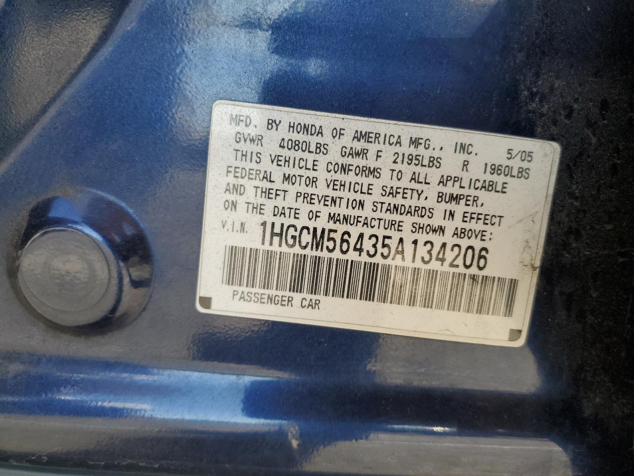 2005 Honda Accord Lx VIN: 1HGCM56435A134206 Lot: 81638774