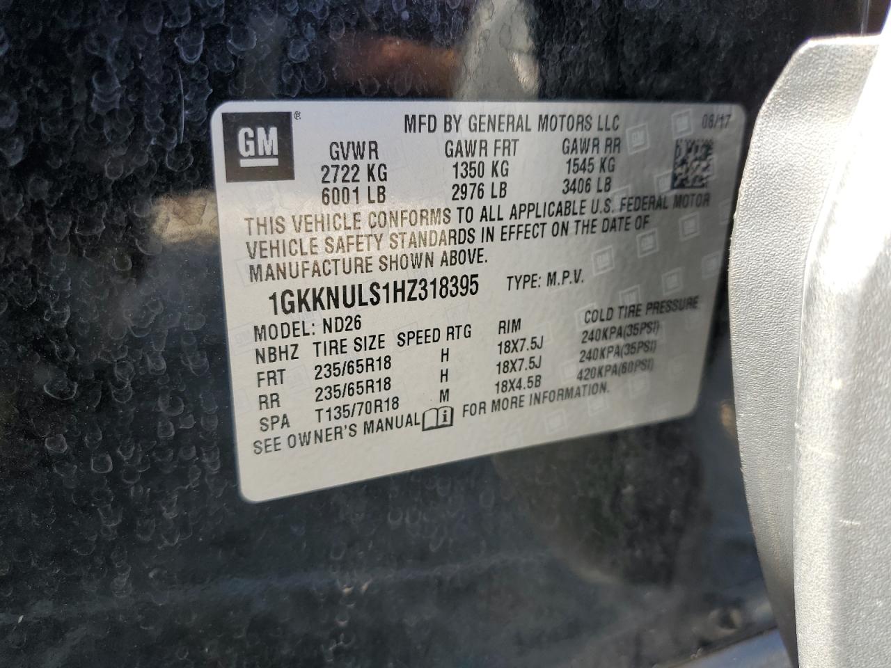 2017 GMC Acadia Slt-1 VIN: 1GKKNULS1HZ318395 Lot: 79516244