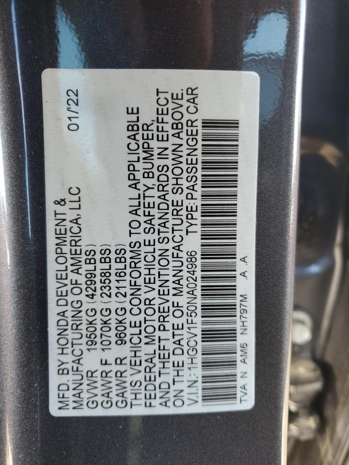 2022 Honda Accord Exl VIN: 1HGCV1F50NA024986 Lot: 80914834