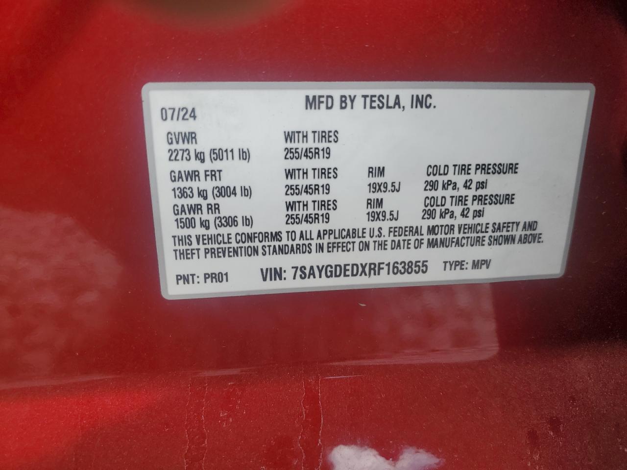 2024 Tesla Model Y VIN: 7SAYGDEDXRF163855 Lot: 76835934